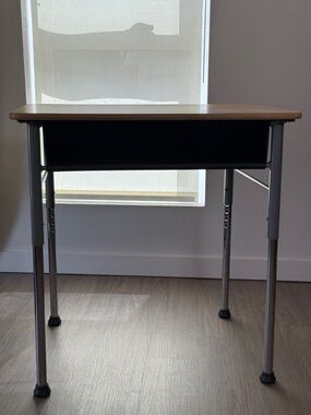 Adjustable Home Office Desk in Light Wood and Silver Frame